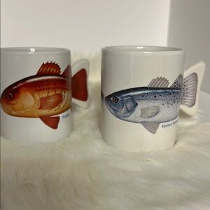 2 Fish Design Ceramic coffee Mugs 12oz Redfish & Spotted Seatrout w/fin handle